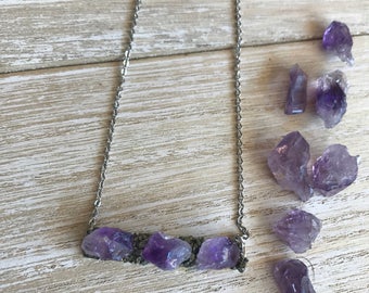 Bar necklace, amethyst necklace, February birthstone, wedding jewelry, rose gold, raw crystal necklace, raw amethyst, birthstone jewelry