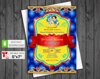 Printable invitation Princess Snow White party in PDF with Editable Texts, Princess Snow White Invitation, edit and print yourself!