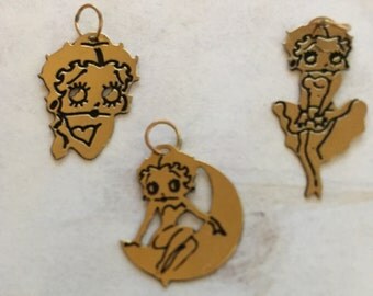 14 Karat Gold Collectors set 3 pieces of Betty Boop Charms, Swinging on the Moon, So Sweet and Some Like it Hot series made in the 1980's