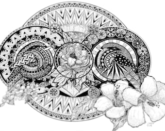 BIRDS ON BRANCH (original black ink animal illustration with bohemia patterns and zen mandala, print)