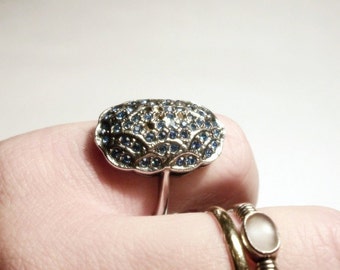 Art Deco Ring Sterling Silver Blue Pavé Rhinestone Cocktail Sapphire Paste size L 1/2 6