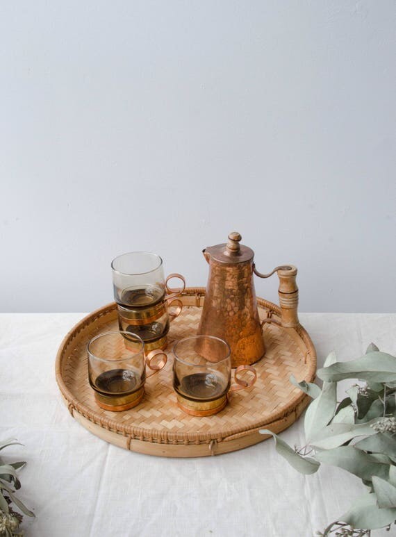 Set of 4 glass cups with solid brass and copper handlers + Pourer