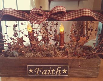 Primitive Lath Tote candle arrangement, rustic candle arrangement with burgundy pipberry with rusty stars, timer 4" timer candles
