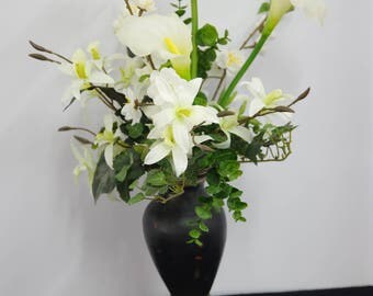 Silk Arrangement of White Calla Lilies and Orchids in Brown Ceramic Vase