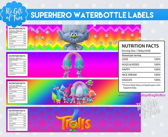 Trolls Water Bottle Labels