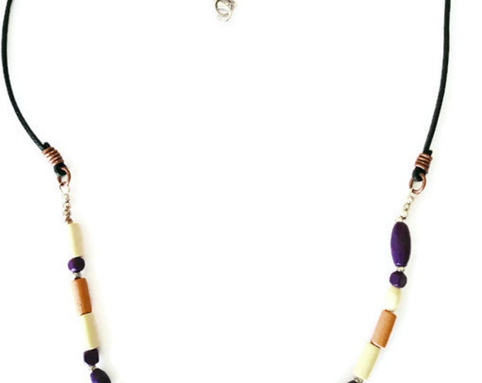 Wooden Boho Style Beaded Leather Necklace, Unisex Necklace, Beaded Leather Necklace