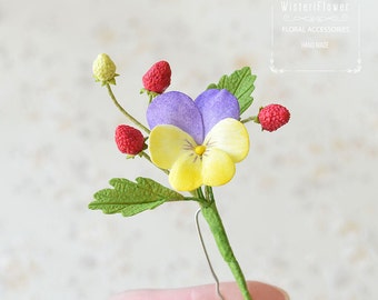 Pansy Gift for her Strawberry Floral hair flowers wedding accessories Bridal Woodland Hair pin Romantic wedding bridesmaid gift boho wedding