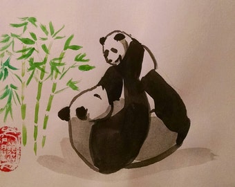 Items similar to Sumi-e Panda Bear Mother & Cub - Craft Accessory on Etsy