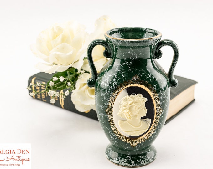Vintage Ceramic Cameo Vase | Mt Clemens Pottery | Green Marbled Vase