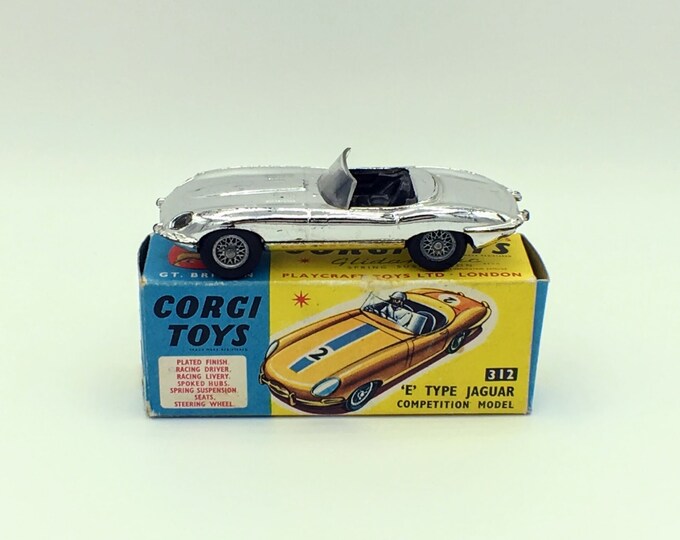 Vintage Corgi Toys Diecast Car #312 Jaguar 1960s E Type Silver With Box