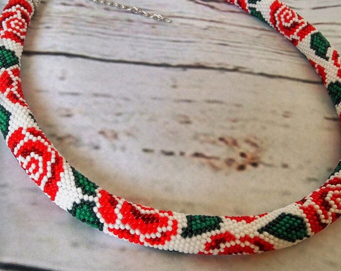 Red rose flower necklace rope crochet floral print beadwork unusual gift for her jewelry statement casual beaded white red green flowers