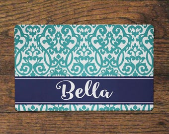 Pet Food Mat - Teal Damask - Place Mat Dog Cat Animal Customized Personalized Neoprene Foodmat Placemat Top Selling Best Seller