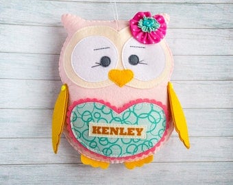 Kids gift Owl toys Soft plushie Felt owl Tooth fairy pillow Teal pink nursery Granddaughter gift Birthday gift Baby shower decoration custom