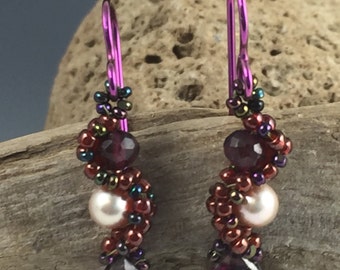 Garnet, pearl and seed bead earrings with niobium earwires