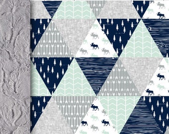 Baby minky blanket, Moose triangle blanket, mint navy woodland blanket, neutral gender blanket, cuddle blanket, baby shower gift, birth