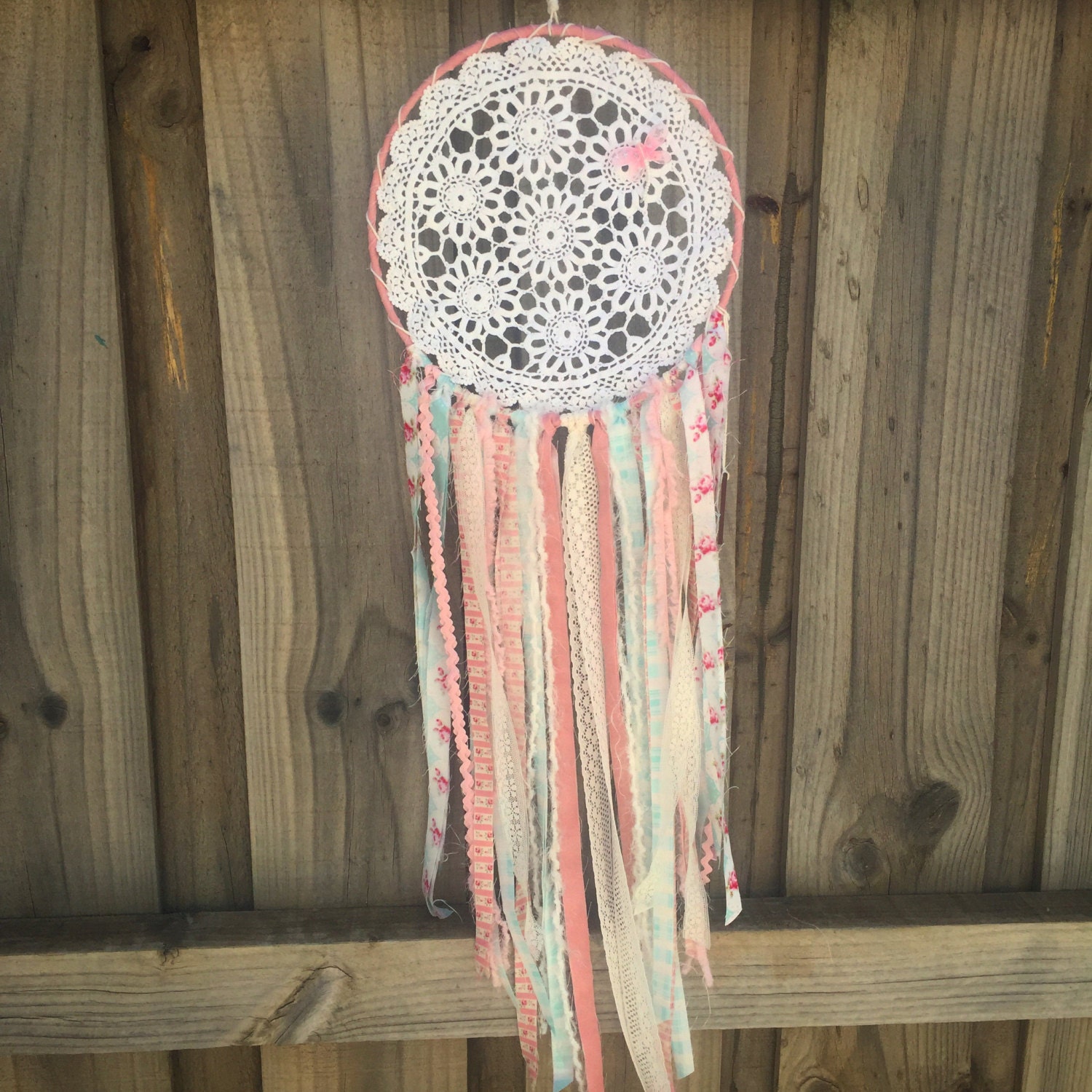 Pretty Boho Upcycled Vintage Dream Catcher in Pinks and Aqua