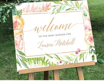 Baby Shower Welcome Sign Template | Printable | Editable Welcome Sign | Peach Florals | Instant Download | Digital File 8x10 & 18x24 #036WS