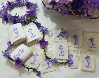Empty Lavender Sachet Bags, 3 x 5 Cotton Muslin Drawstring Bags Hand Stamped Lavender Flower Emblem, Set of 10, Bridal Shower Party Favors