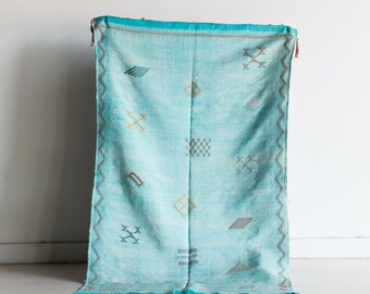 Moroccan Cactus Silk 2-9 x 4-11 Kilim Rug, "Sky", Aqua Rug, Moroccan Rug, Boho Rug, Bohemian, Home Decor, Textiles