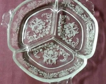Beautiful etched, handled, divided tray. Candy dish, nut dish, trinket dish, relish tray