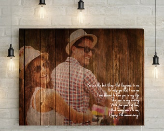 5th /Wooden Anniversary Custom Couples Portrait - Personalized Poem, Wedding Anniversary Gift, wooden effect, Canvas Print or Printable