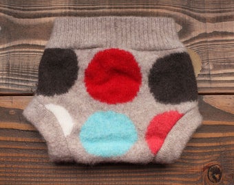 Newborn 100% Wool cloth diaper cover in Light Beige with Multicolor Polka Dots