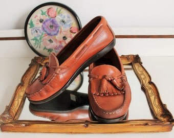 Vintage Next Brown Tan Leather Tassel Fringe Flat Moccasins Loafers Shoes Size UK 5 EU 38 US 7