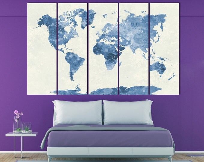 Blue Watercolor World Map Print Set. Abstract World Map Print blue map / 1,2,3,4 or 5 Panels on Canvas Wall Art for Home & Office Decoration