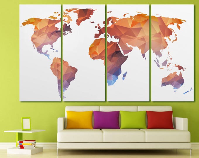 Large Orange Polygonal World Map Print Panels Set, Geometric Abstract Wall Art 1,3,4 or 5 Panels on Canvas Wall Art for Home & Office Decor