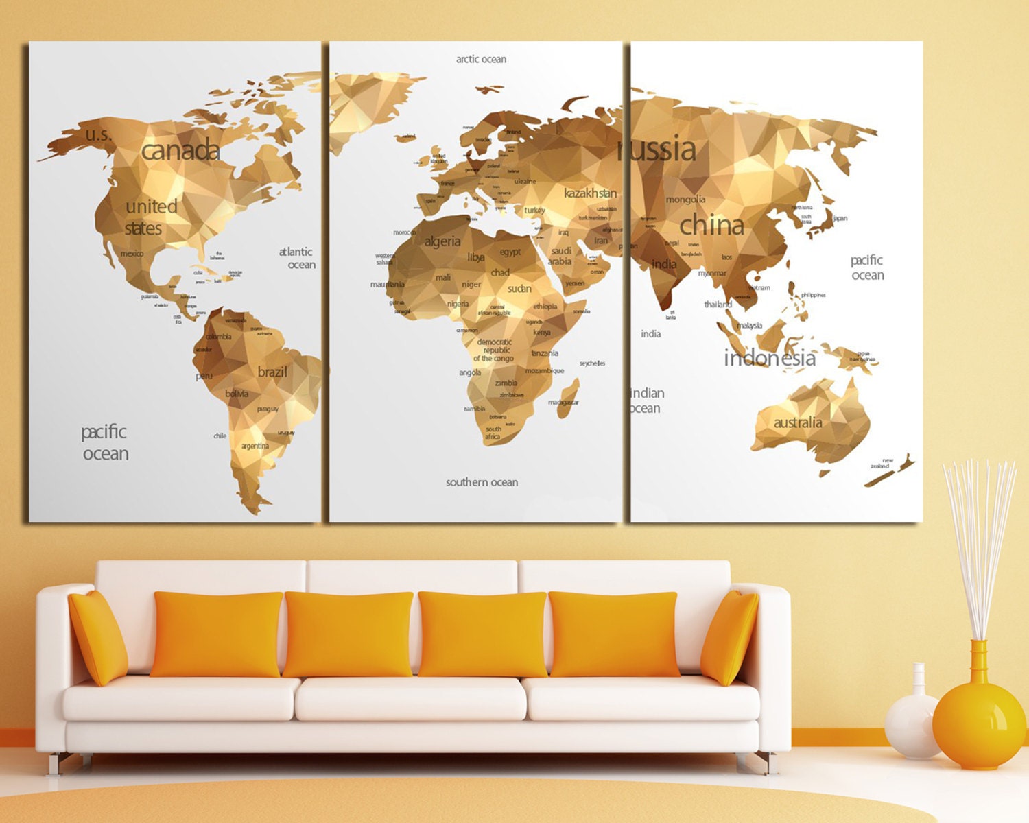 Large gold world map canvas print set Geometric gold map of