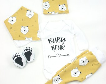 baby coming home outfit,Baby bear organic sweatshirt fabric,unisex outfit,Bear hat,pants,sleepers,bib,yellow or petrol blue,baby gift