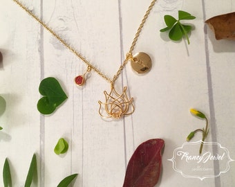 Gold lotus necklace, custom initial, lotus charm with crystal, tiny lotus flower necklace, lotus jewelry, lotus flower jewel, handmade jewel