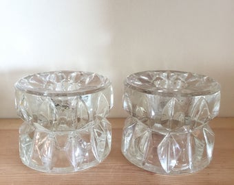 Vintage Chunky Heavy Cut Glass Candlestick Holders