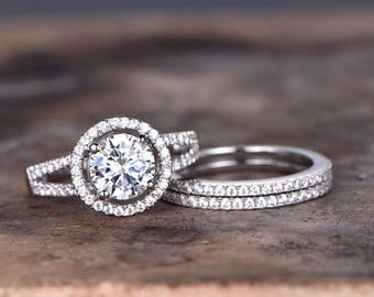 3pcs Round Cut Engagement ring set,925 sterling silver wedding band,white gold plated,ball prong CZ Bridal ring,Art deco Halo,curved,Pave