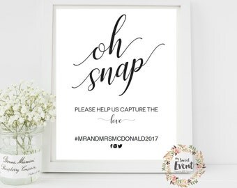 Oh Snap Wedding Sign, Hashtag Sign, Printable Wedding Reception Sign, INSTANT DOWNLOAD Pdf