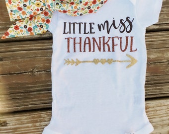 Little Miss Thankful Onesie - Thanksgiving Outfit - Autumn Floral Headwrap