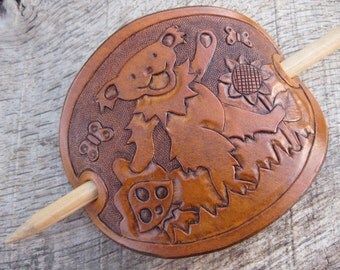 Hand Tooled Leather Hair Barrette with original Grateful Dead Dancing Bear, Mushroom, Butterfly and Sunflower Design. Free Shipping