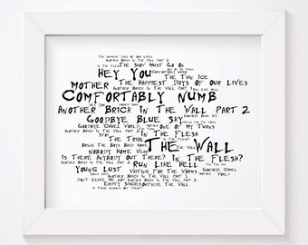 Noir Paranoiac PINK FLOYD Art Print Typography Lyrics Poster - Signed & Numbered Limited Edition Unframed 10x8 Inch Album Wall Art Poster
