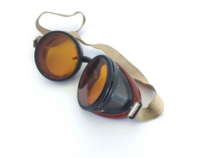 Vintage riding goggles, mid-century bakelite driving goggles, welding safety goggles /w orange lenses, Mad Max industrial steampunk glasses