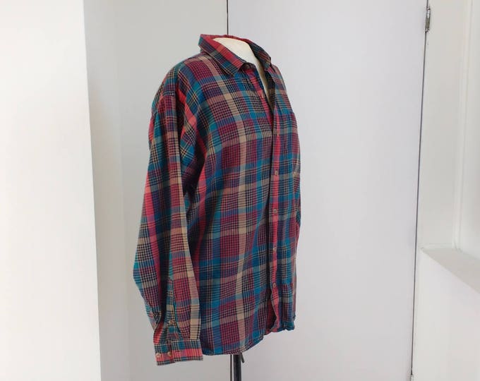 Royal Robbins shirt size L, blue red mustard plaid, cotton flannel shirt, vintage mens shirt, colourful longsleeve, casual button down shirt