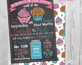 Cupcake or Stud Muffin Invitation, Gender Reveal Invitation Printable, Pink and Blue, Chalkboard Style, Blue or Pink