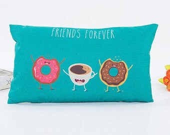 Cute linen pillow cover with donats and coffee