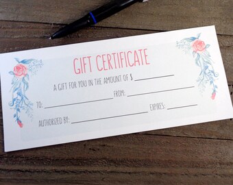 Floral Rose Gift Certificate - Printable Premade Design - Peach and Green DIY Instant Download & Print Blank Gift Certificates