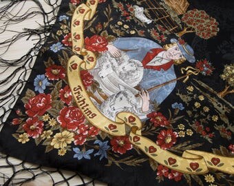 Vintage Codello silk scarf Four seasons print big black shawl Jacquard foulard with fringe Free delivery
