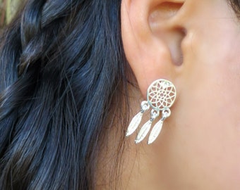 Silver Dream Catcher Earring, Minimalist Stud Earring, Native American Jewelry, Women Dreamcatcher Earrings, Bohemian Earring Hippie Jewelry