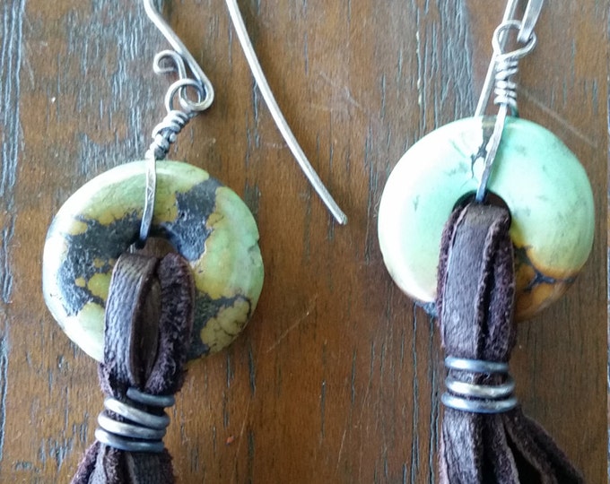 Blue/Green Turquoise Circle Earring with 1/8" Soft Deer Skin Leather Tassel Decorated with Bali Silver