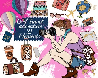 Travel Clipart: "PLANNER SUPPLIES" Adventure Clipart,Hot Air Balloons Clipart,Planner girl,Sticker graphic,Suitcase clipart,Fashion Clipart