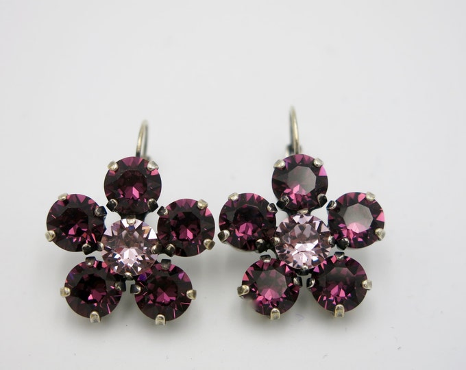 Purple amethyst, Swarovski crystal shimmering sparkly flower dangle drop earrings on lever backs.