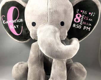 Birth Announcement Elephant,Baby Shower Elephant, Birth Announcements,Birth Announcement,Stuffed Animal,Keepsake,Baby,Babies,Baby Stats
