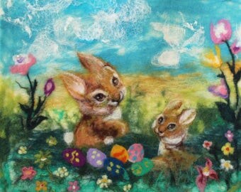 Easter felt picture/ wool painting/ bunny/ kids art /ready to hang/READY TO SHIP